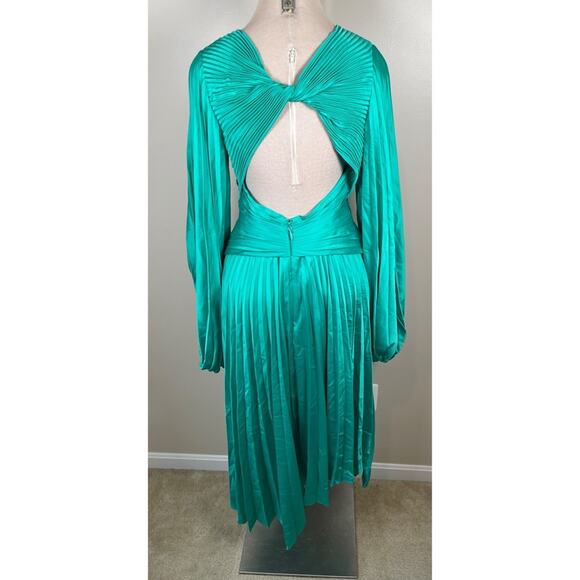 Acler Palms Pleated Long Sleeve Asymmetric Satin Green Midi Dress Sz 6 - Picture 8 of 11